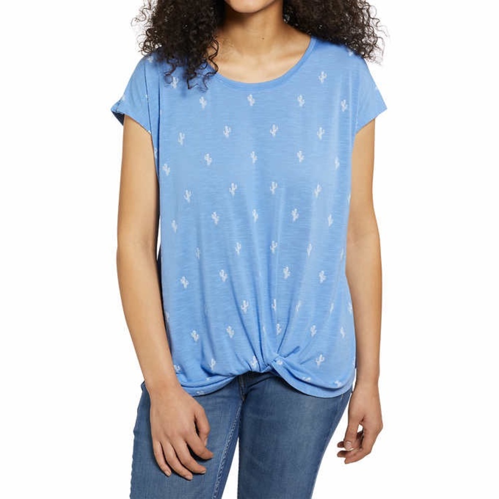 Izod Cactus Printed Twist Hem Tee in Blue & White Short Sleeve
